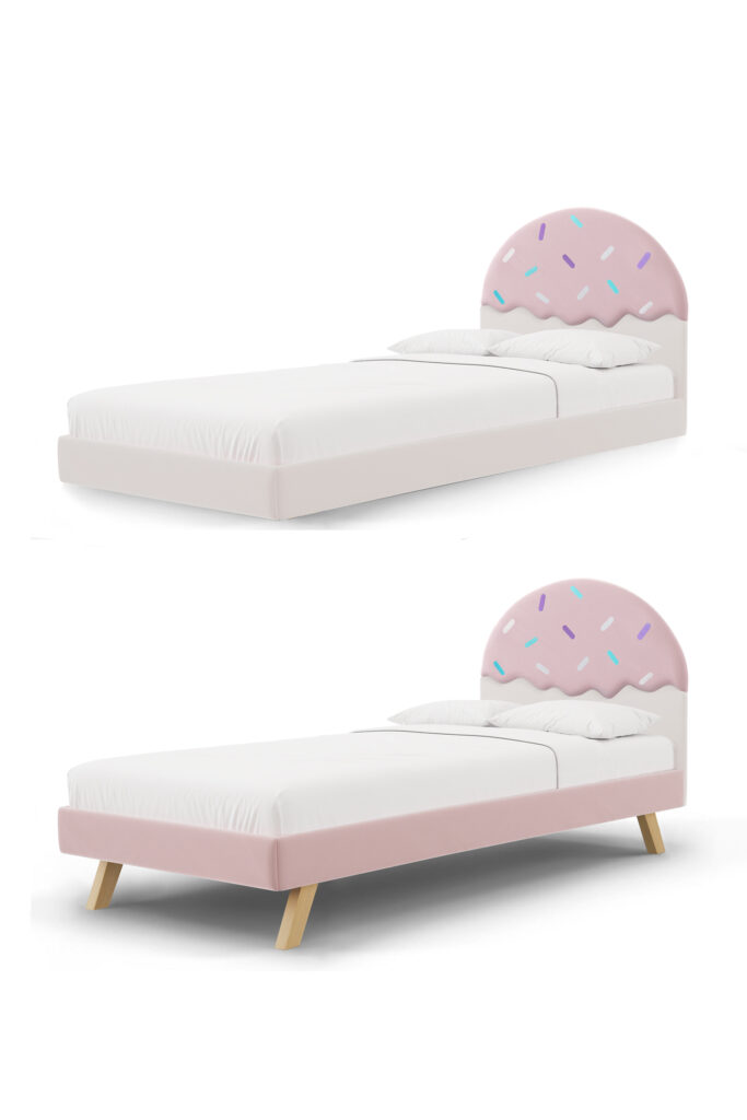 Łóżko dziecięce z zagłówkiem w kształcie lodowego deseru z posypką CONFETTI LEGS TEXTI