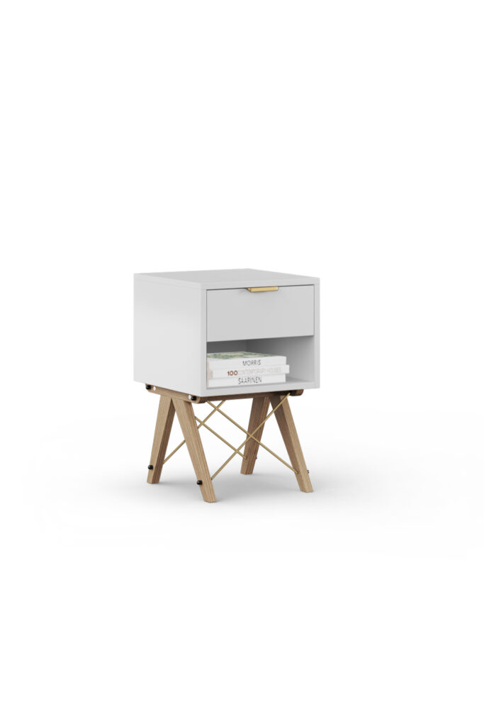 Okazja! Biała szafka nocna na dębowych nóżkach dostępna OD RĘKI!