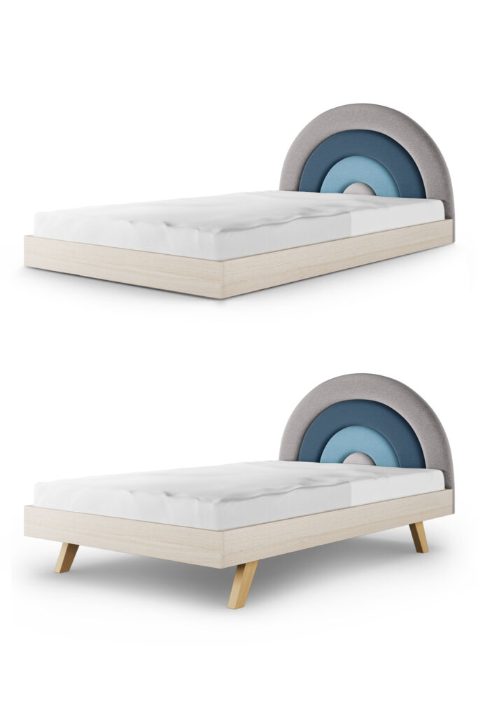 Duże tapicerowane łóżko z niebieską tęczą 120cm