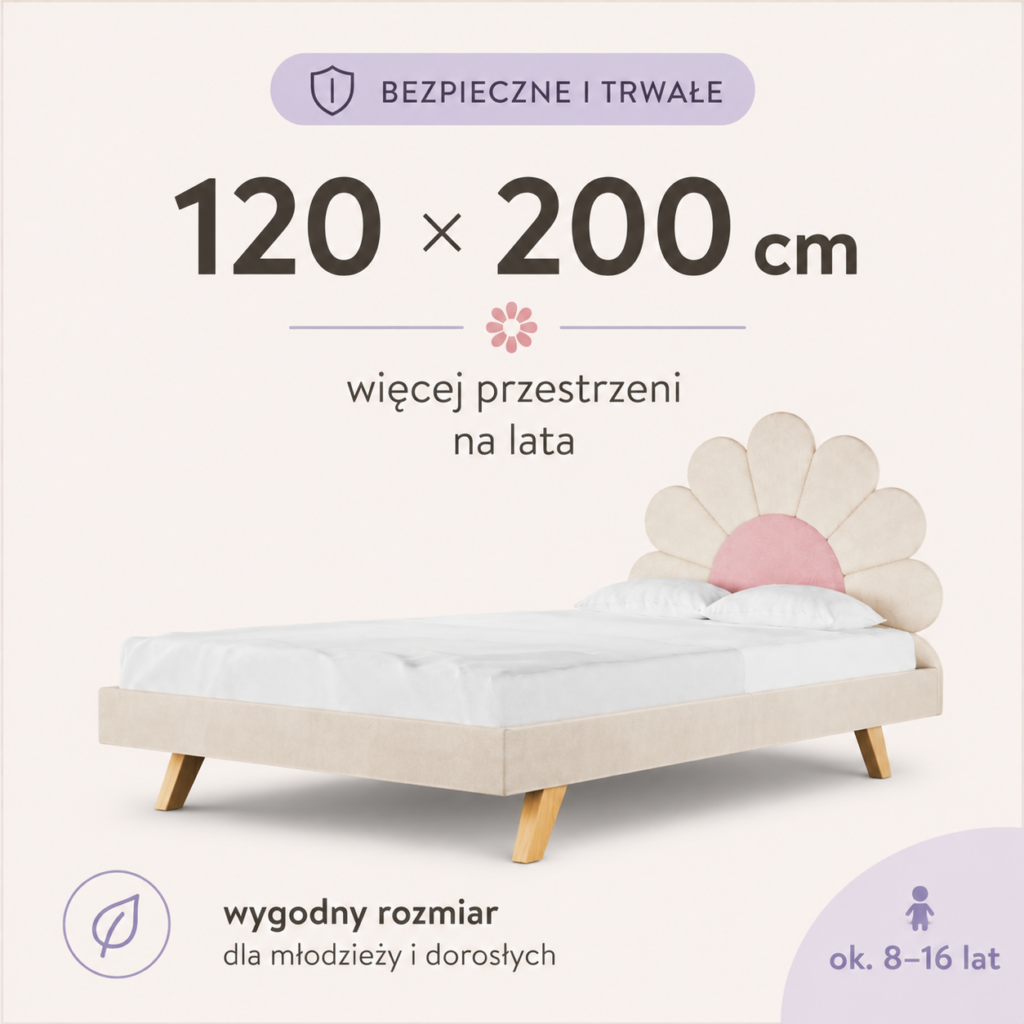 Duże łóżko dziecięce Stokrotka 120x200 z kwiatowym zagłówkiem. Grafika przedstawiająca rozmiar.