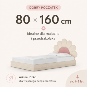Łóżko dziecięce Stokrotka 80x160 dla malucha z kwiatowym zagłówkiem. Grafika przedstawiająca rozmiar.