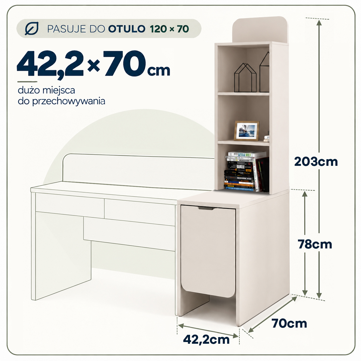 42 cm x 70 cm x wysokość 203 cm- pasuje do biurka o głębokości 70 cm
