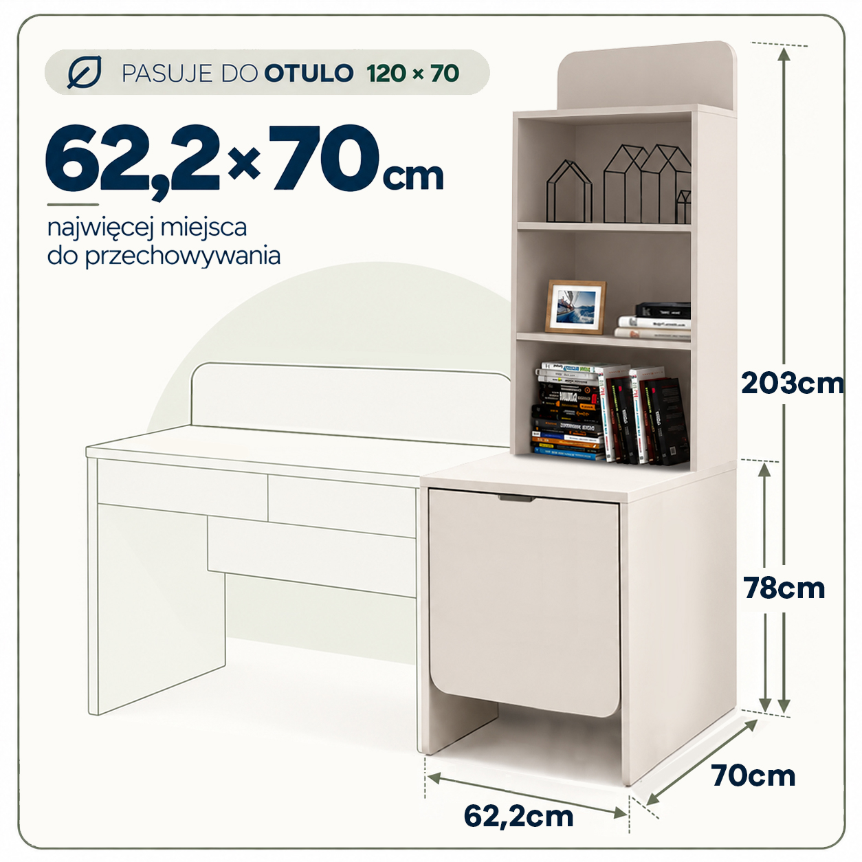62 cm x 70 cm x wysokość 203 cm- pasuje do biurka o głębokości 70 cm